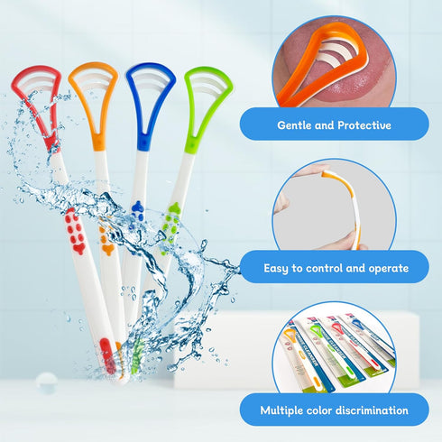 4-Pack Tongue Scraper Oral Care Kits – Plastic Dual-sided Tongue Brushes for Reducing Bad Breath, Includes Comfort Grip Handle, Ideal for Adults a...