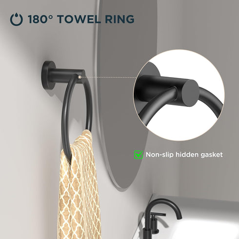 FORIOUS Matte Black Towel Ring, SUS304 Stainless Steel Hand Towel Holder for Bathroom Wall Mounted, Modern Towel Hanger, Towel Rack Round, Ring To...