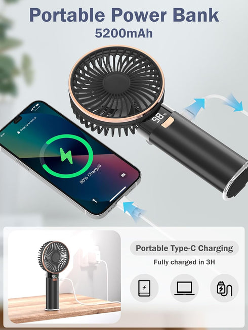 Handheld Fan - Portable Fan 5200mAh, Metal Handle Mini Hand Held Fan Foldable, USB Rechargeable Personal Fan Power Bank, 6 Speeds Quiet Handheld F...