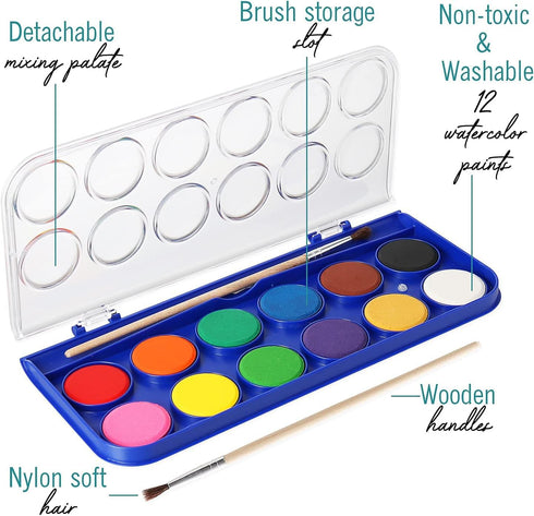2 Pack Watercolor Paint Set 12 Vivid Colors Includes Watercolour Mixing Palette and 2 Brushes, Perfect For Artists, Beginner Painters, Kids and Ad...