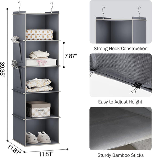 Hanging Closet Organizer, 5-Shelf Closet Hanging Storage Shelves, Grey...
