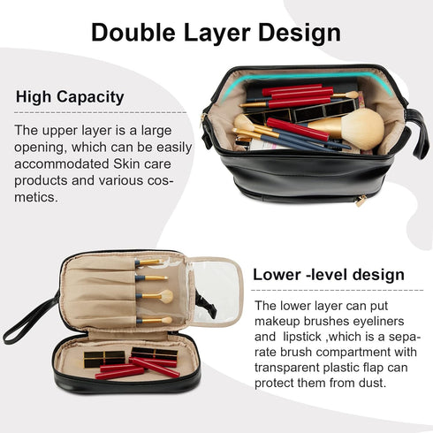 Travel Makeup Bag,Double Layer Cosmetic Bag,Large Zipper Pouch Makeup Organizer Bag,Waterproof Leather Makeup Bag,Portable Leather Toiletry Bag fo...
