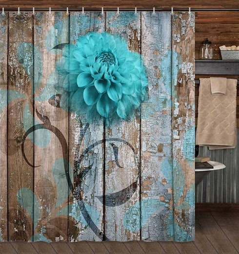 JAWO Teal Dahlia Shower Curtain, Dahlia Flower on Rustic Wooden Plank Country Style, Fabric Shower Curtain Set with 12 Hooks Bathroom Curtain Wate...