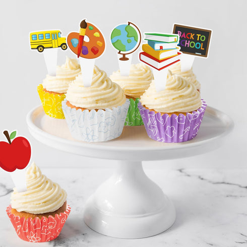 300pcs Back to School Cupcake Liners, School Mini Cake Baking Cups, First Day of School Cupcake Wrappers with Cupcake Toppers, Apple Pencil Book M...