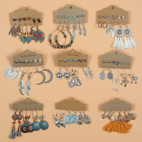 45 Pairs Bohemian Vintage Drop Dangle Earrings Set for Women, Fashion Boho Earrings National Style Tassel Eardrop Hollow Bronze Waterdrop Leaf Jew...