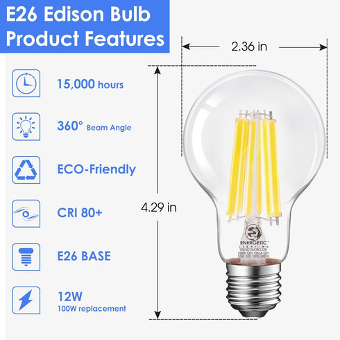 Energetic Dimmable A19 LED Edison Light Bulb, 12W Equivalent 100W, 1600LM High Brightness, 5000K Daylight, Clear Antique LED Filament Bulb for Hom...