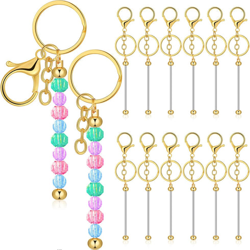 12 Pcs Beadable Keychain Bars Metal Bead Keychain DIY Blank Keychain Supplies for Crafts Jewelry Making(Gold)...