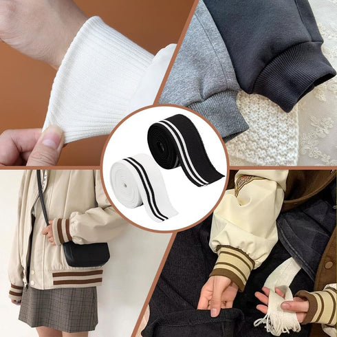 BENECREAT 4 PCS 2 Colours Ribbed Cuffs Stretch Stripes, 43.3x1 inch Elastane Ribbed Fabric, Sewing Knit Ribbed Cuffs for DIY Sewing Belt Cuffs, Be...