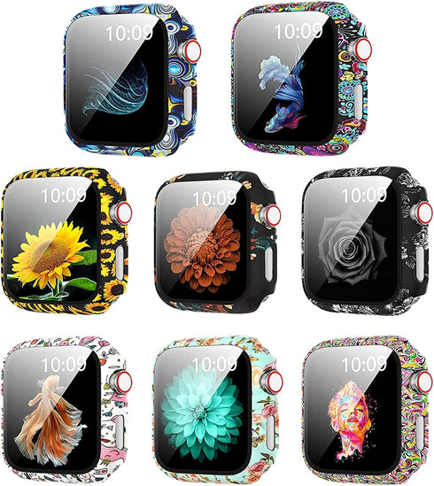 8 Pack Case Compatible for Apple Watch SE Series 6 5 4 3 2 44mm 40mm 42/38mm Hard PC Flowers Case with Tempered Glass Smartwatch Screen Protectors...