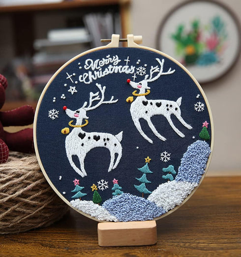 Gogobear 7.9" Desktop Wall 3D Art Embroidery Painting Adult Beginner Handmade Embroidery DIY Christmas Elk Material Kit Complete Set Includes All ...
