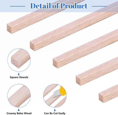 280 Pieces Balsa Wood Sticks 1/8 x 1/8 x 12 Inch Hardwood Square Dowels Balsa Wood Strips Square Wooden Dowel Rods Unfinished Wood Sticks for Craf...
