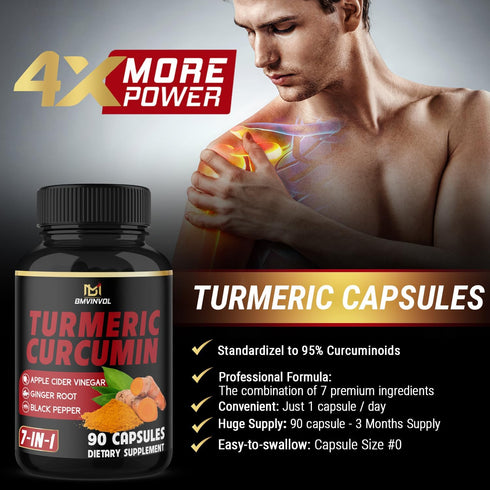 Turmeric Curcumin Supplement - 95% Curcuminoids with Ginger, Apple Cider Vinegar, Black Pepper - 90 Count - 3 Month Supply...