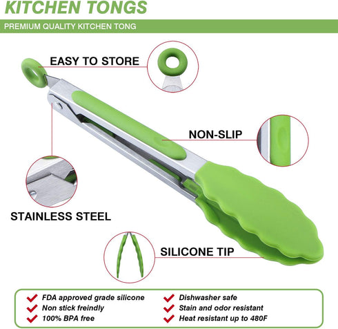 MSY BIGSUNNY Kitchen Food Tongs - 7" Mini Silicone Serving Tongs - Set of 6 (purple red orange green yellow blue)...