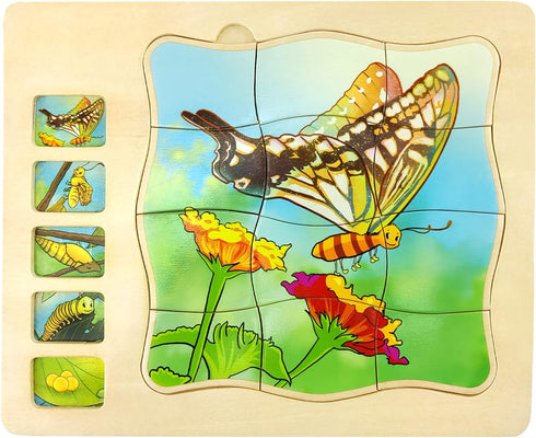 Wooden Puzzles for Kids Ages 4-8, 5 Layers Life Cycle of a Butterfly Montessori Jigsaw Puzzle for Kids, Children Preschool Learning Educational Pu...