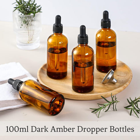 AOZITA 4 Pack, 100ml Dark Amber Dropper Bottles with 1 Funnels & 4 Labels - 3.4oz Brown Glass Tincture Bottles with Eye Droppers for Essential Oil...