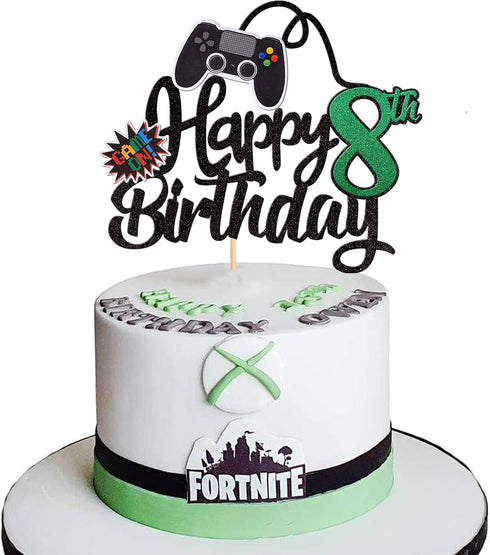1 PCS Video Game Happy 8th Birthday Cake Topper Glitter Video Game Cake Pick Game On Controllers Eight Cheers to 8 Years Cake Decoration for Happy...