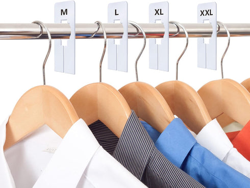 40 Pack Rectangular White Plastic Clothing Size Closet Rack Dividers Hangers, Preprinted in 8 Sizes XXS, XS, S, M, L, XL, XXL, XXXL (2.5”x 5”, Inn...