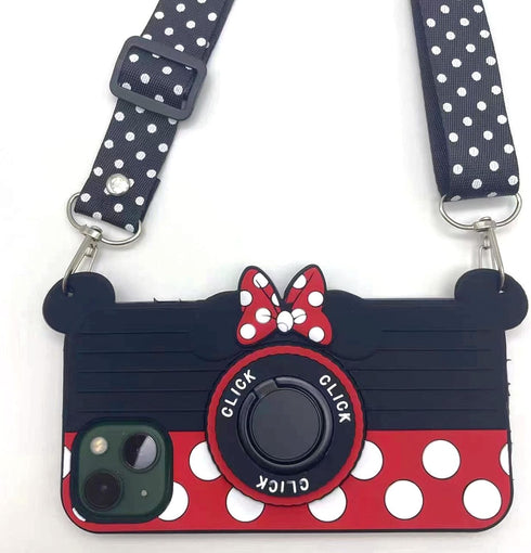 for iPhone 14 Case Cute for iPhone 13 Case 3D Carton Camera Rotating Ring Grip Holder Kickstand Lanyard Teens Girls Women Silicone Cover for iPhon...