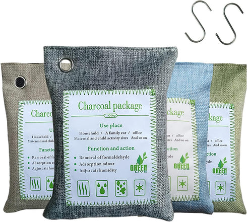 Bamboo Charcoal Bags Odor Absorber, 2 Packs 200g Charcoal Deodorizer Bags with Hooks, Nature Bamboo Charcoal Air Purifying Bags Activated Charcoal...