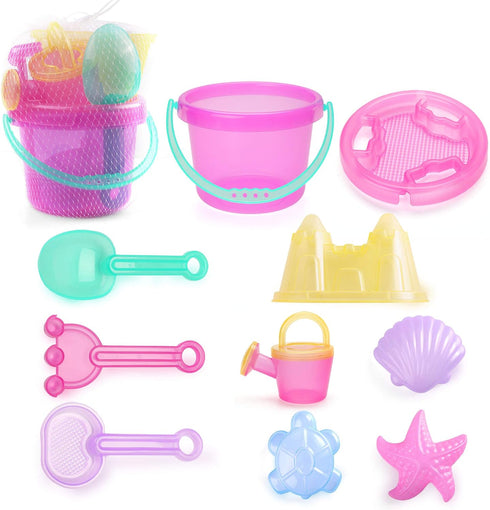 LotFancy Beach Toys for Kids, 10 PCS Snow Toys for Toddlers 3-10, Sand Buckets and Shovels, Star Shell Castle Sand Mold, Sand Sifter Cover, Rake, ...