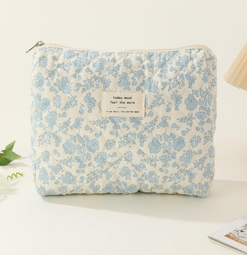 2PCS Quilted Makeup Bag,Large Floral Cosmetic Bag,Cotton Makeup Bag Set, Coquette Aesthetic Floral Travel Makeup Organizer Bag...