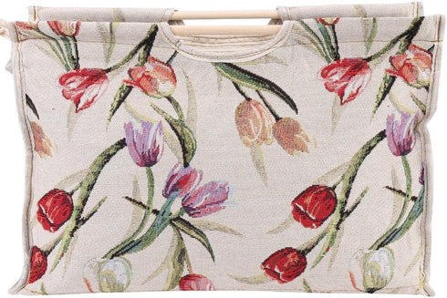 Knitting Tote Bag,Exquisite Practical Wood Handle Woven Fabric Storage Bag for Knitting Needles Sewing Tools(Red Flower)...