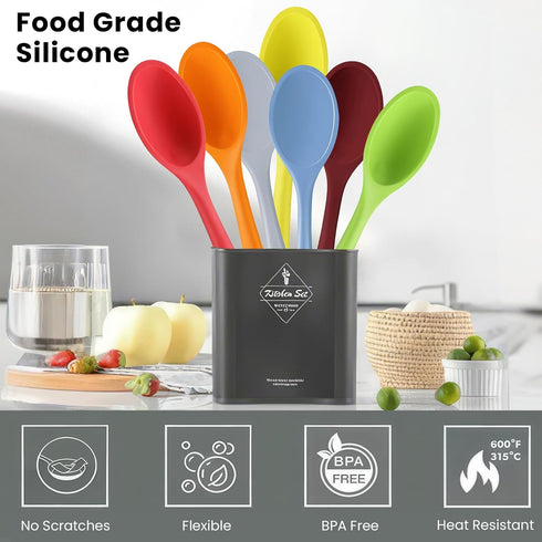 GEEKHOM 4 Pieces Silicone Spoons, Large Mixing Spoon Heat Resistant Kitchen Utensils Serving Table Spoons Non-stick Stirring Spoon for Cooking Bak...