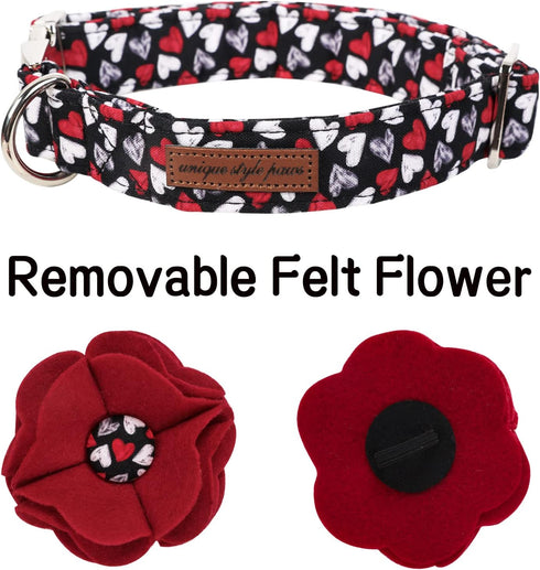 Unique style paws Valentine's Day Dog Collar with Removable Felt Flower Tie Girls Boys Pet Collar for Small Medium Large Dogs-Gothic Love-XS...