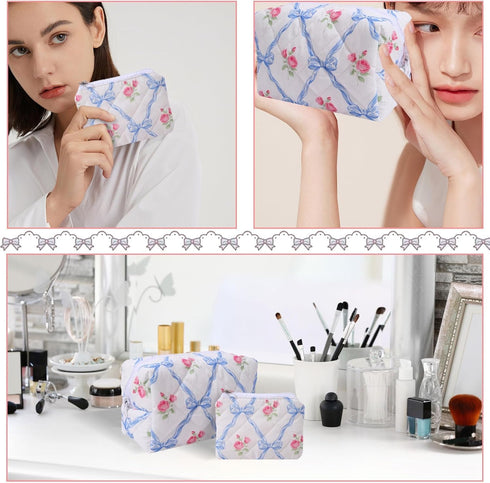 LYDZTION 2Pcs Cute makeup bag Quilted Makeup Bag for Women,Coquette Bow Makeup Bag Cotton Makeup Bag with Purse Pouch Aesthetic Stuff Travel Essen...