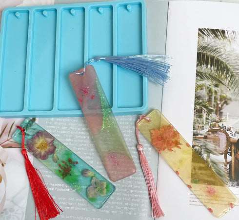 Szecl Bookmark Mold with Tassels, Rectangle Bookmark Silicone Mold for Epoxy Resin Casting 3.90 inch Resin Bookmark Mold Kit with 10 Pcs Colorful ...