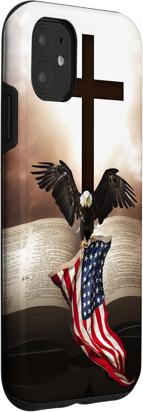 iPhone 11 Pretty Christian Cross Bible A Bald Eagle Grip American Flag Case...