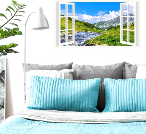 Landscape Wall Sticker Decor 3D Fake Window Wall Sticker Mountain Scenery Wall Sticker Peel and Stick Wall Art Wallpaper Removable Faux Window Wal...