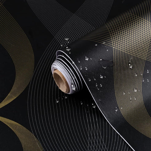 17.7" x 117" Peel and Stick Stripe Wallpaper Modern Black Contact Paper Black and Gold Removable Wave Wallpaper Self Adhesive Film for Cabinets Ki...