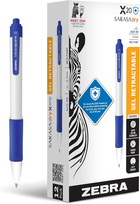 Zebra Pen Sarasa Dry X20+ Retractable Gel Pen, Plastic Barrel, Medium Point, 0.7mm, Blue Ink, 12-Pack...