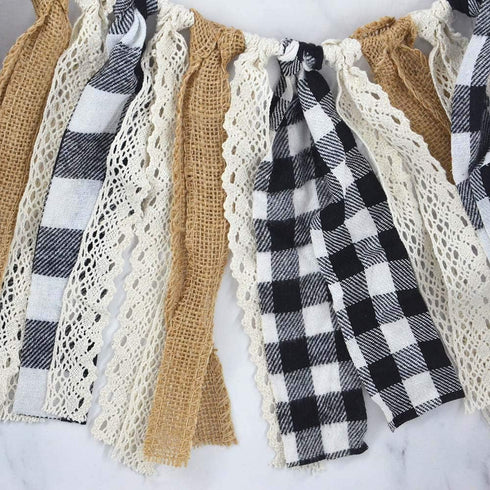Buffalo Check Plaid Banner Black and White Gingham Spring Summer Fall Winter Easter Christmas Mantle Fireplace Garland Decoration...