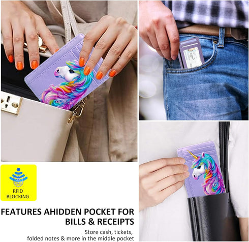 Slim Minimalist Front Pocket Wallet, Mini RFID Blocking Credit Card Holder Front Pocket Wallet, Coin Purse with ID Window for Women Ladies?Unicorn...