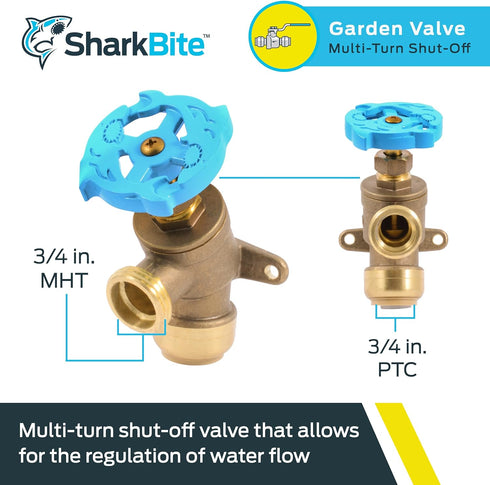 SharkBite 3/4 Inch x 3/4 Inch MHT Garden Valve, Multi Turn, Push to Connect Brass Plumbing Fitting, PEX Pipe, Copper, CPVC, PE-RT, HDPE, 24623LF...