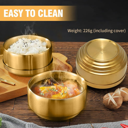 Stainless Steel Rice Bowl with Lid, Set of 2, for Korean Kitchen Restaurant, Double-walled Metal Bowls, Multi-Purpose Insulated Soup Bowls Snacks ...
