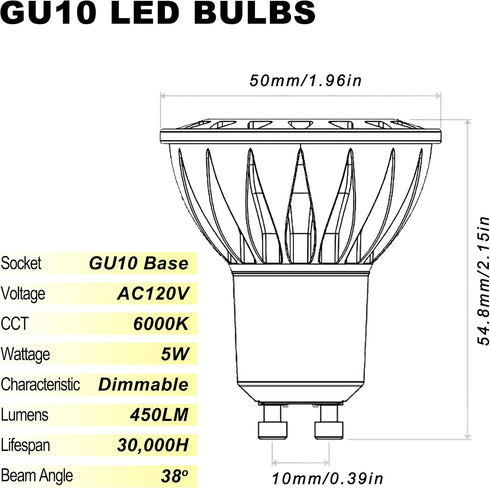 ALIDE GU10 Led Bulbs 5W 6000k Daylight White Dimmable,25W-35W Halogen Equivalent,MR16 GU10 Base AC120V Dimmable Led Spotlight Track Light Bulbs,45...