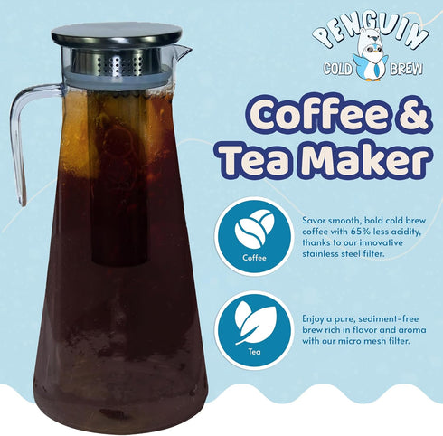 Coffee & Tea Maker - 2 Quart Premium Cold Brew Pitcher - Stainless Steel Infuser with Double Wall Micro Mesh Inner Core - Ultimate Iced Coffee & T...