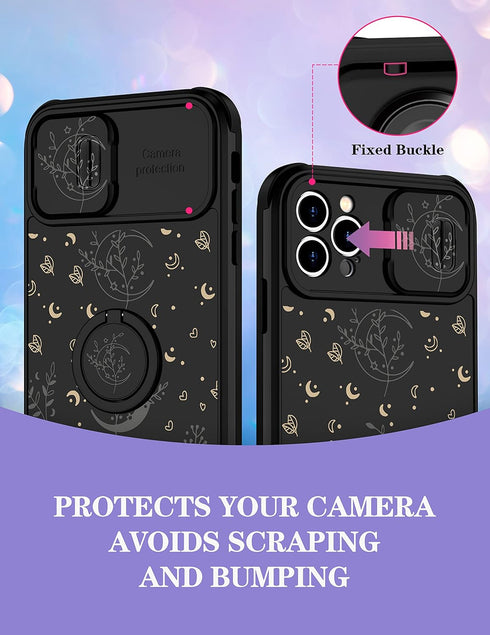 Goocrux (2in1 for iPhone 12 Pro Case Moon Plants for Women Girls Cute Phone Cover Flower Heart Stars Space Design with Slide Camera Cover+Ring Hol...