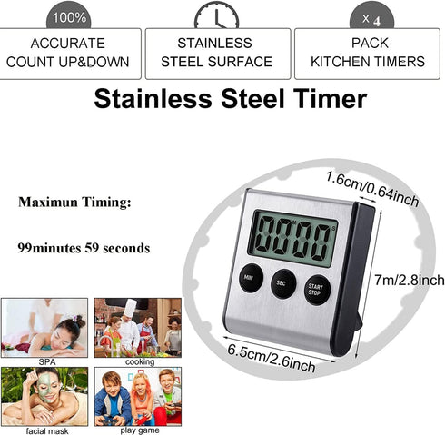 2 Pack Kitchen Timer, Digital Kitchen Timer Magnetic Countdown Timer with Loud Alarm Stainless Steel Kitchen Timer for Cooking, Baking, Sports Gam...
