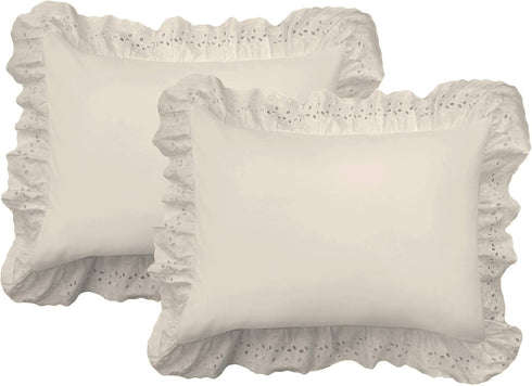 FRESH IDEAS Ruffled Bed Pillow Shams with Embroidered Eyelet Detail, King, Ivory, 2-Pack...