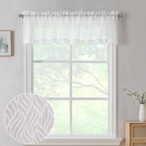 Marilyn 2PCS White Sheer Valances for Windows 14 Inches Long, Light Filtering Soft Clip Jacquard Textured 3D Leaf Curtains for Bathroom Bedroom Ba...