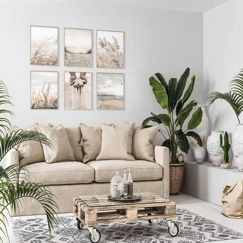 Canssape Set of 6 Neutral Beach Wall Art Prints 8x10in Beige Sage Leave Wall Decor Home Decorations for Living Room Aesthetic Landscape Posters Bo...