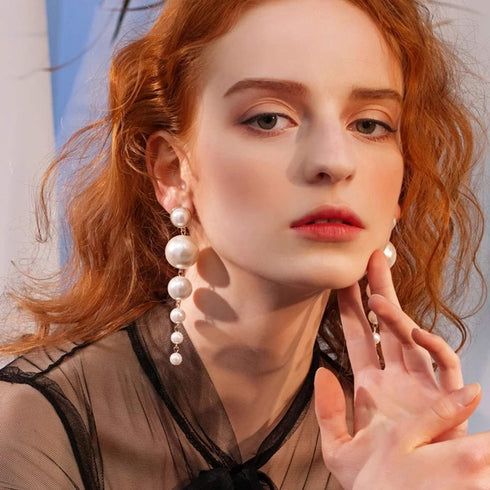 Big Simulated Pearl Long Tassel Drop Earrings for Women Double Sided Front Back Cross Imitation Pearl Dangle Earrings...