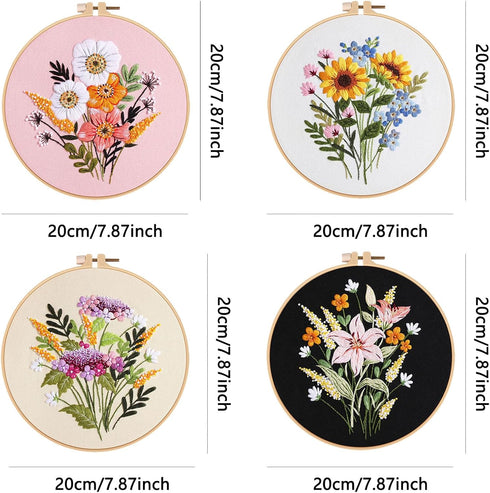 CHWANG Embroidery Starter Kit 4 Pack Floral Cross Stitch Beginner Kit with Plastic Hoop, Instructions and Threads, Full Range of Embroidery Kits f...