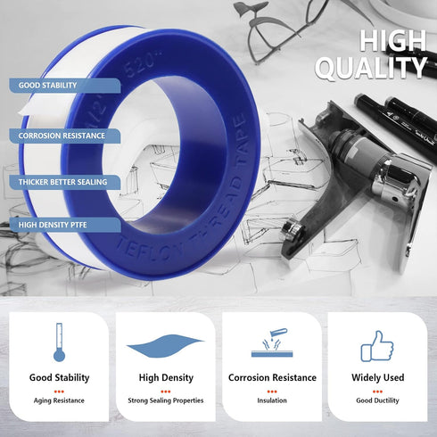 8 Rolls Teflon Tape,Plumbers Tape(1/2 Inch X 520 Inches),PTFE Tape for Sealing Tape,Plumbing Tape,Sealant Tape,Thread Seal Tape for Shower Head,Wa...