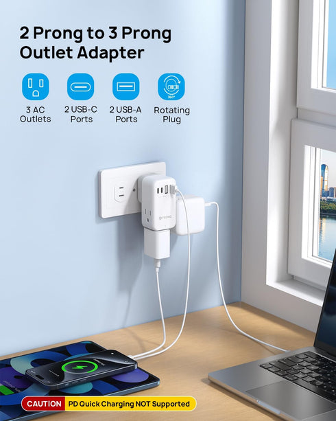 TROND 3 Prong to 2 Prong Adapter with 360° Rotating Plug, 2 Prong Outlet Extender with 3 AC Outlets and 4 USB Ports(2 USB C), US to Japan Plug Ada...