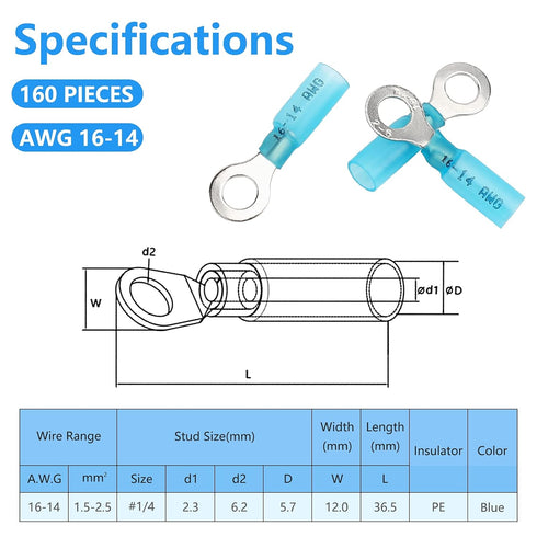 160 PCS Heat Shrink Ring Terminals (16-14 AWG), Insulated Blue Ring Terminals, 1/4'' Eyelet Wire Connectors, Insulated Electrical Connectors, Mari...